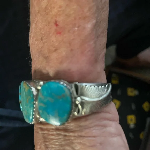 Vintage Native American Turquoise & Sterling Silver Cuff by M Thomas Jr - Picture 2 of 8